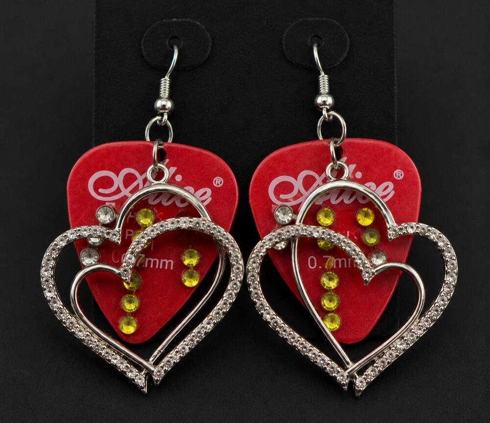Handmade Red Guitar Pick Heart Earrings with Rhinestones and Gem Accent Jewelry